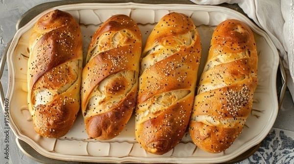 Fototapeta Top view of bread baked on a platter