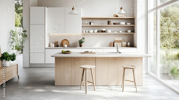 Fototapeta Modern kitchen with minimalist design, featuring a central island, wooden stools, open shelving, white cabinets, and large windows overlooking greenery.