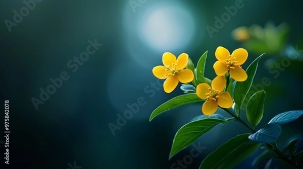 Fototapeta  A detailed shot of a yellow bloom on a verdant leafy branch against softly blurred background lights