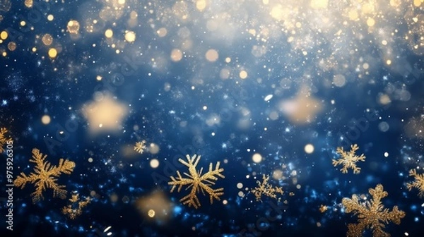 Fototapeta Winter background, Gold and navy light snowflakes on top