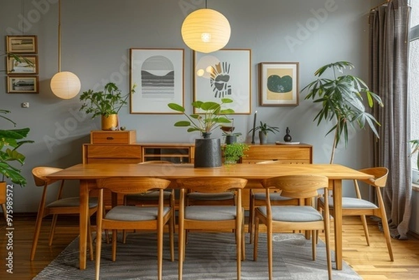 Fototapeta Mid-Century Modern Dining Room with Scandinavian Art Prints, Wooden Frames, Grey Walls, Scandi Style Furniture, and Wood Dressers