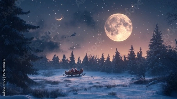 Fototapeta Santa's sleigh sits in a snowy forest under a full moon.