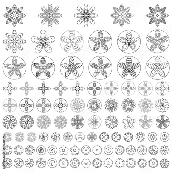 Fototapeta Large Set of flat liner icon flower. Black and white, Isolated floral elements for coloring book. Floral icons, logo, stickers, labels, tags. Create imaginary composition.