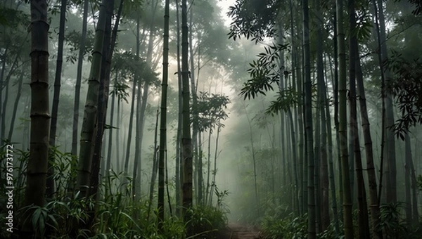 Fototapeta Peaceful bamboo forest with morning mist.