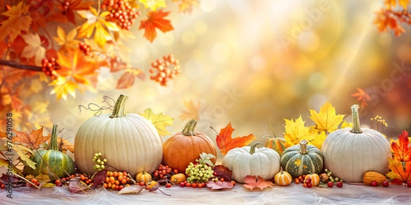 Fototapeta Autumn Harvest Display with Pumpkins, Colorful Leaves, and Berries in Sunlit Nature Setting. banner