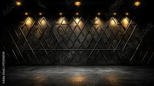 Fototapeta   A dimly lit room features walls adorned with patterns and illumination from above and below