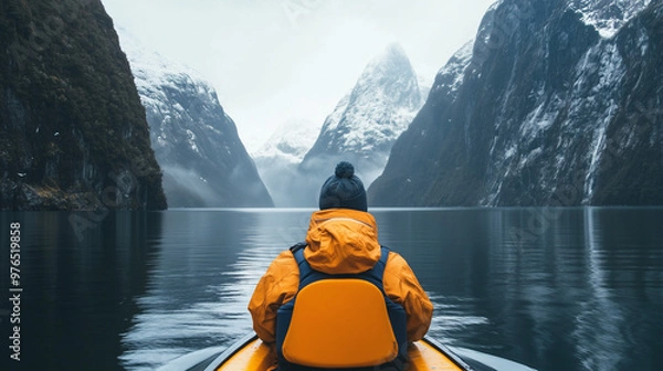 Fototapeta A person in a yellow jacket and black beanie kayaks in a serene fjord surrounded by snow-capped mountains and calm waters on a misty day.