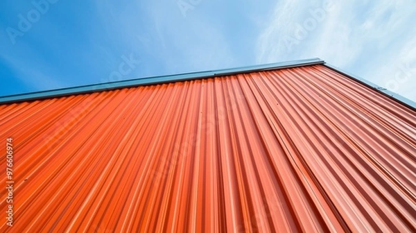 Fototapeta Wall of warehouse orange metal building against industrial with blue sky background in perspective view