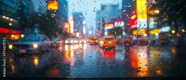 Fototapeta Rain drops on a windshield with a city street in the background.