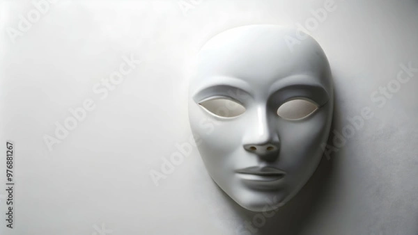 Fototapeta of white porcelain masks on a white background, porcelain, mask, white,art, theater, performance, emotionless, mystery