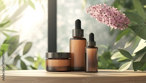 Fototapeta Elegant skincare products arranged on a wooden surface, surrounded by lush greenery and soft floral accents.