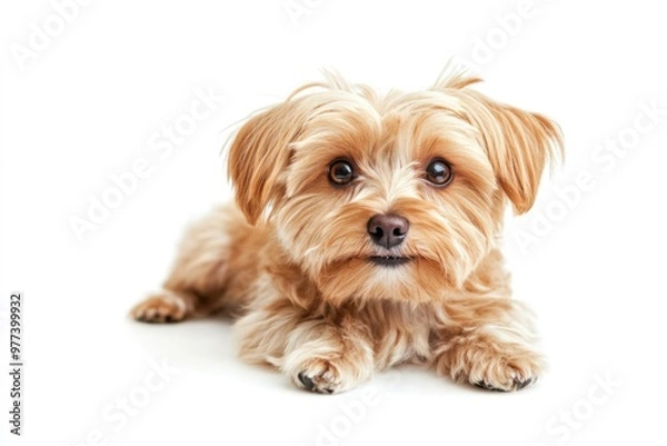 Fototapeta A fluffy dog posing cutely on white background, isolate