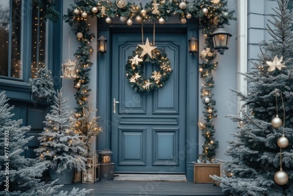 Fototapeta House entrance decorated for traditional winter holidays, front steps of the house with Christmas tree, ornaments and wreath on front door	