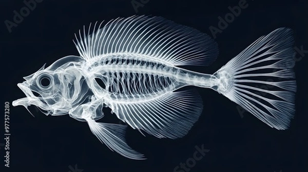 Fototapeta X-ray of a Fish's Skeleton: Top-down X-ray view of a fish, revealing the intricate skeletal structure and delicate fins. 
