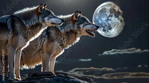 Fototapeta Family of wolves howling at the full moon