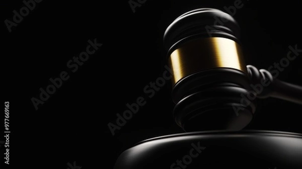 Obraz Close-up of a gavel with a gold accent on a dark background, symbolizing justice and authority in legal matters.