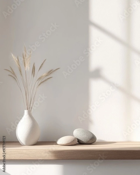 Fototapeta Minimalist Scandinavian Interior Mockup with Stones and Vase on Wooden Cupboard