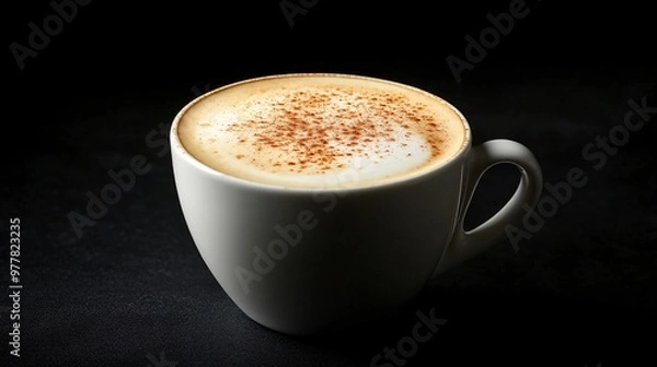 Fototapeta A milk-based cappuccino with cinnamon dust, isolated on a smooth black background to make the foam and cinnamon pop