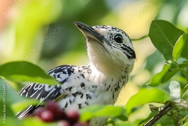 Fototapeta Close up of a Juvenile White throated Magpie jay perched on a branch, looking up