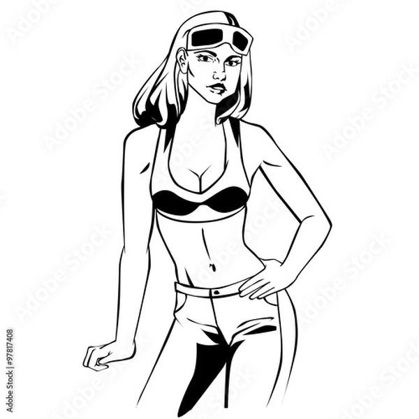 Fototapeta Car service retro vintage comic style lineart  with pretty girl