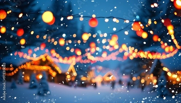 Fototapeta Enchanting Winter Wonderland with Sparkling Bokeh Lights Against a Snowy Backdrop