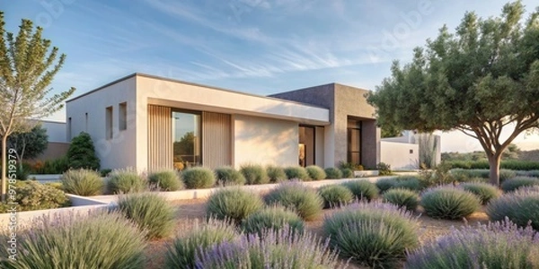 Fototapeta Modern house surrounded by desert landscaping and trees.