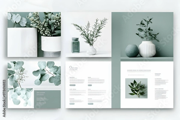 Obraz A flat lay image showcasing a minimalist design with greenery and ceramic vases on a white background.