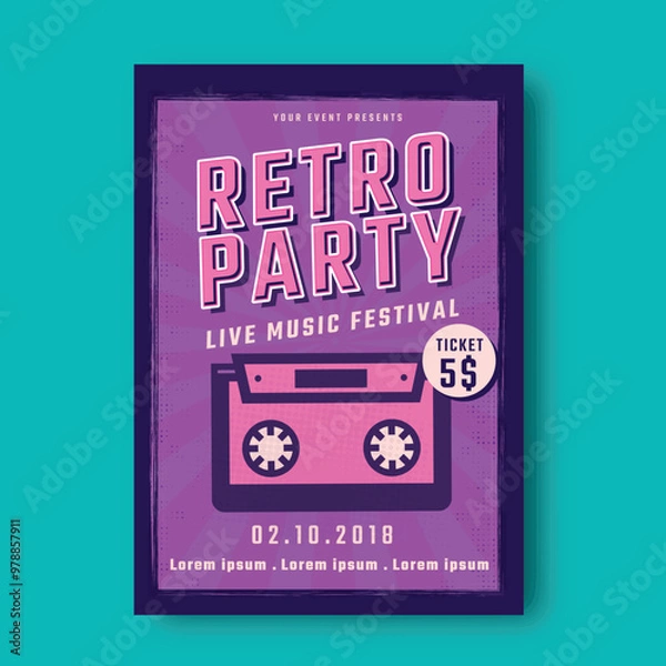 Fototapeta Retro Music Party Poster Design. Night Club or Disco Advertisement Promotional Banner Design.