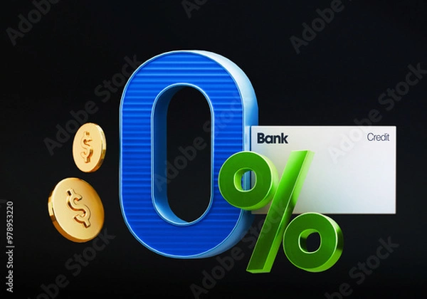 Fototapeta 0 percent 3d render in metal style, sky blue color with coins, dollar sign, banking credit card on dark background. Zero percent interest rate banner background. 3d number letter. High quality