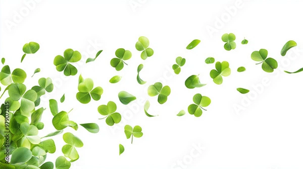 Fototapeta A swirl of four leaf clovers dancing gracefully in the air against a bright white background