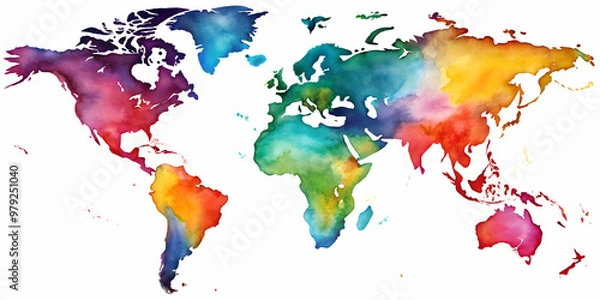 Fototapeta Colorful watercolor world map on background, watercolor, colorful, world map,painting, artistic, global, geography, travel