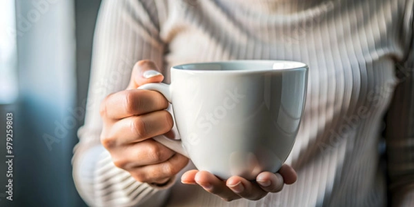 Fototapeta Close-up of a hand holding a white ceramic cup, hand, holding, cup, coffee, mug, drink, beverage, hot, close-up, concept