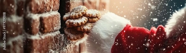 Fototapeta A festive hand in a red glove reaching to place cookies by a brick wall, creating a magical holiday atmosphere.