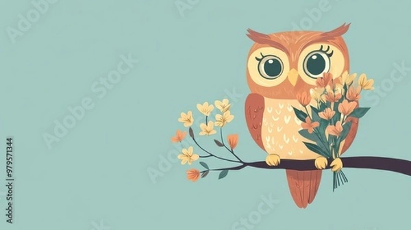 Fototapeta A cheerful owl cartoon holding a bouquet of flowers, perched on a branch, isolated on a pastel blue background.