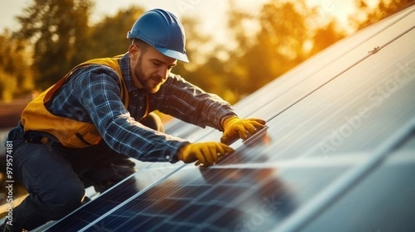 Fototapeta A technician positioning solar panels on a residential rooftop with a focus on renewable energy and clean technology