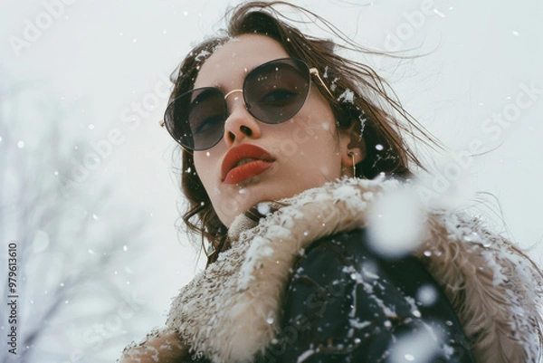 Fototapeta A woman with striking red lips and stylish sunglasses poses in snowy landscape, capturing essence of winter fashion. snowflakes add magical touch to scene