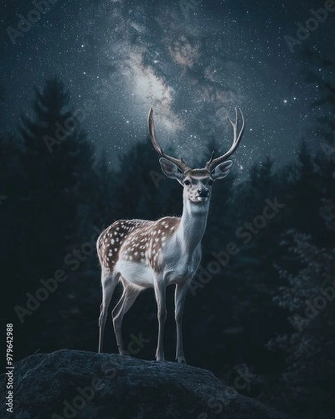 Fototapeta Majestic deer in a tranquil forest under a stunning night sky