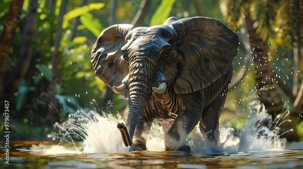 Fototapeta A large elephant in a tropical context splashing water with its huge trunk