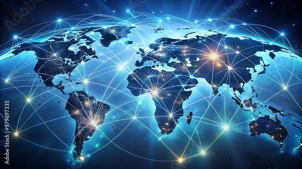 Fototapeta Abstract Global Network with a Luminous World Map and Detailed Data Transfer Connections, Depicting Seamless International Connectivity