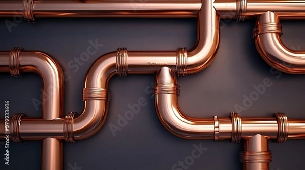 Fototapeta A close-up image of shiny copper plumbing pipes on a dark background. 