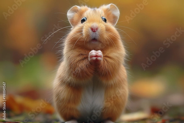 Fototapeta Cute brown hamster in autumn forest, posing with tiny paws, surrounded by colorful fall leaves.