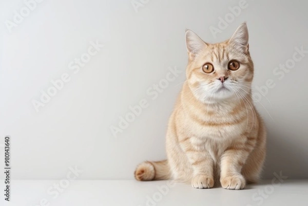 Fototapeta A charming orange cat sits gracefully against a neutral backdrop, showcasing its beautiful fur and expressive eyes.