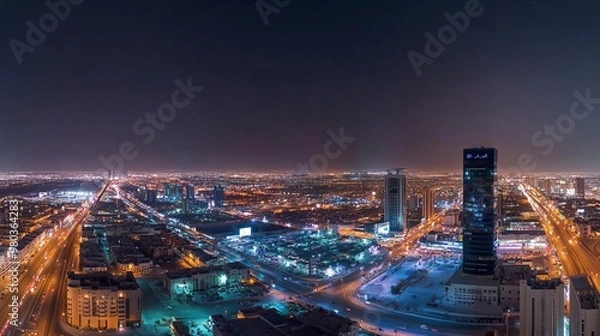 Fototapeta Nighttime panorama of the business district in Riyadh Saudi Arabia capturing the citys skyline