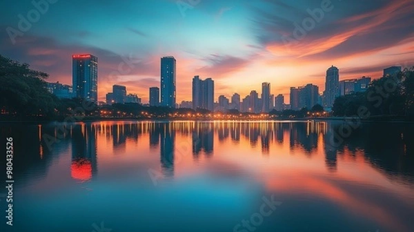 Fototapeta Cityscape Skyline Reflected in Calm Water at Sunset