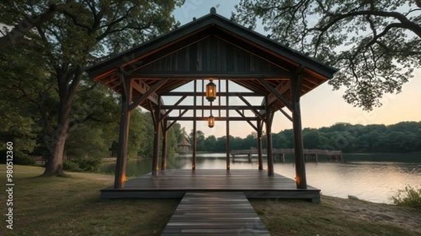 Fototapeta A serene evening scene featuring a majestic wooden pavilion surrounded by lush greenery, with twinkling string lights