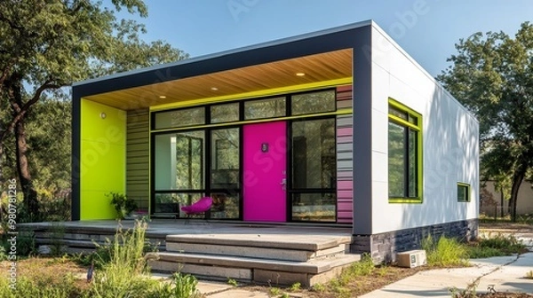 Fototapeta Monochrome modular cube house with sharp lines, featuring bold magenta door and contrasting lime green window frames for a dynamic visual impact