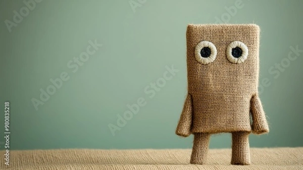 Fototapeta Rustic burlap tablecloth character with stitched eyes and patchwork detailing, standing on a pastel oatmeal background 