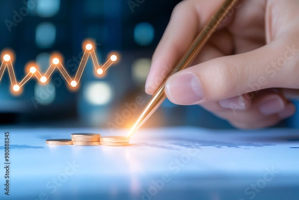 Fototapeta A hand with a gold pen highlights a financial growth chart next to stacked coins, symbolizing investment and prosperity.