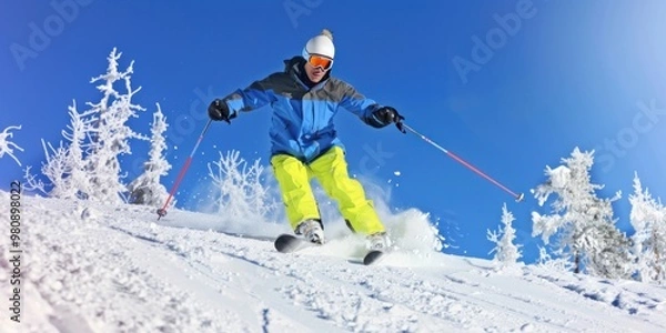 Fototapeta Man playing ski snow outdoors clothing.