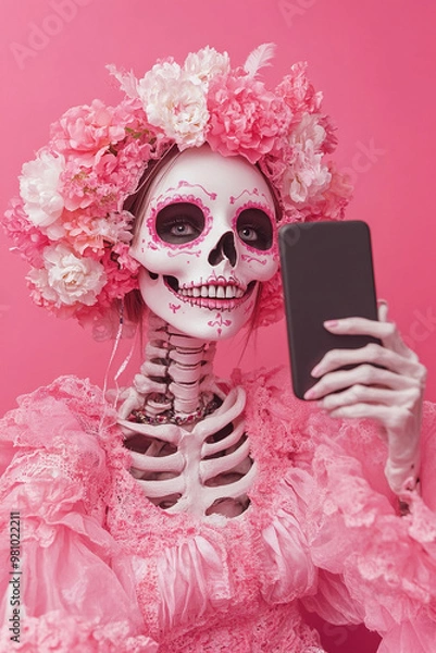 Fototapeta Cheerful girl skeleton with flowers taking selfie on pink background. Generated by artificial intelligence